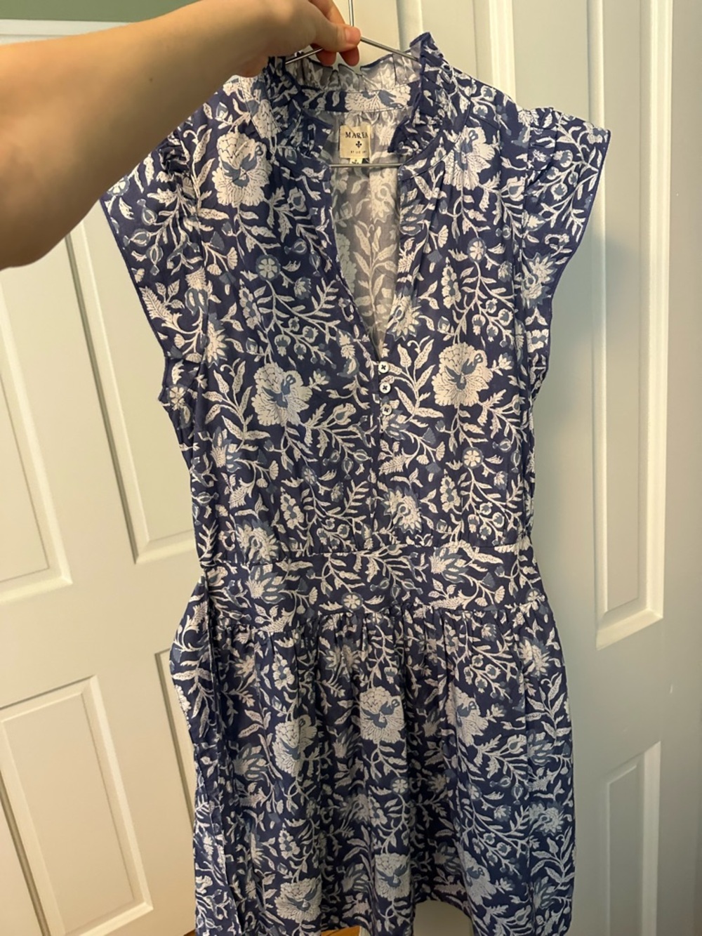 Blue Floral Tie-Waist Mini Dress with Ruffle Shoulders - Picture 2 of 3